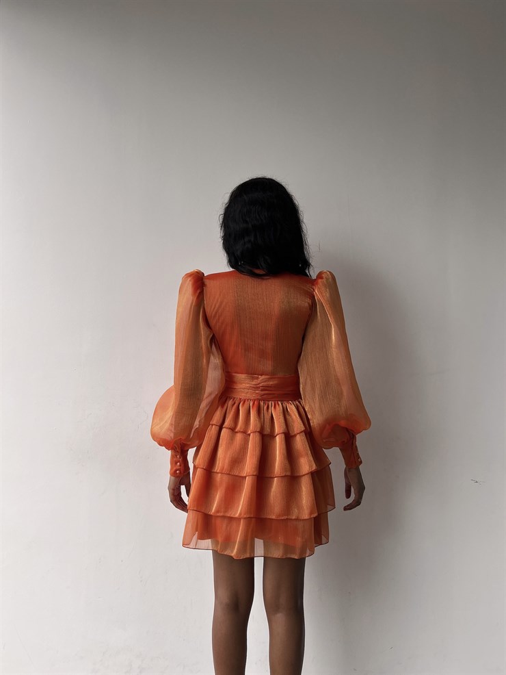 Derin V Yaka Belden Oturtmalı Tül Kol Crown Kadın Turuncu Fırfırlı Elbise 23K000314