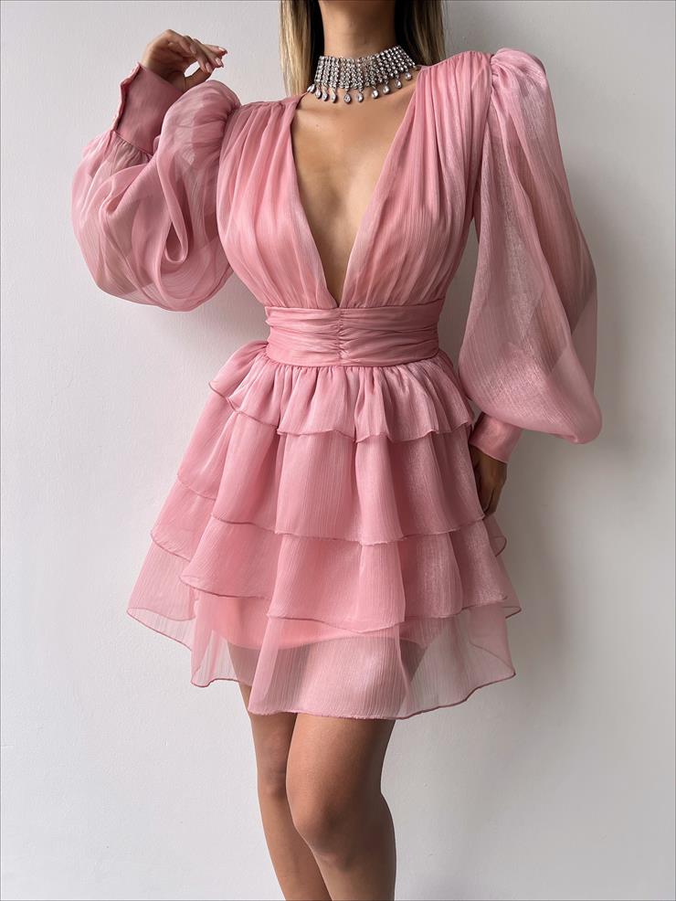 Derin V Yaka Belden Oturtmalı Tül Kol Crown Kadın Pudra Fırfırlı Elbise 23K000314