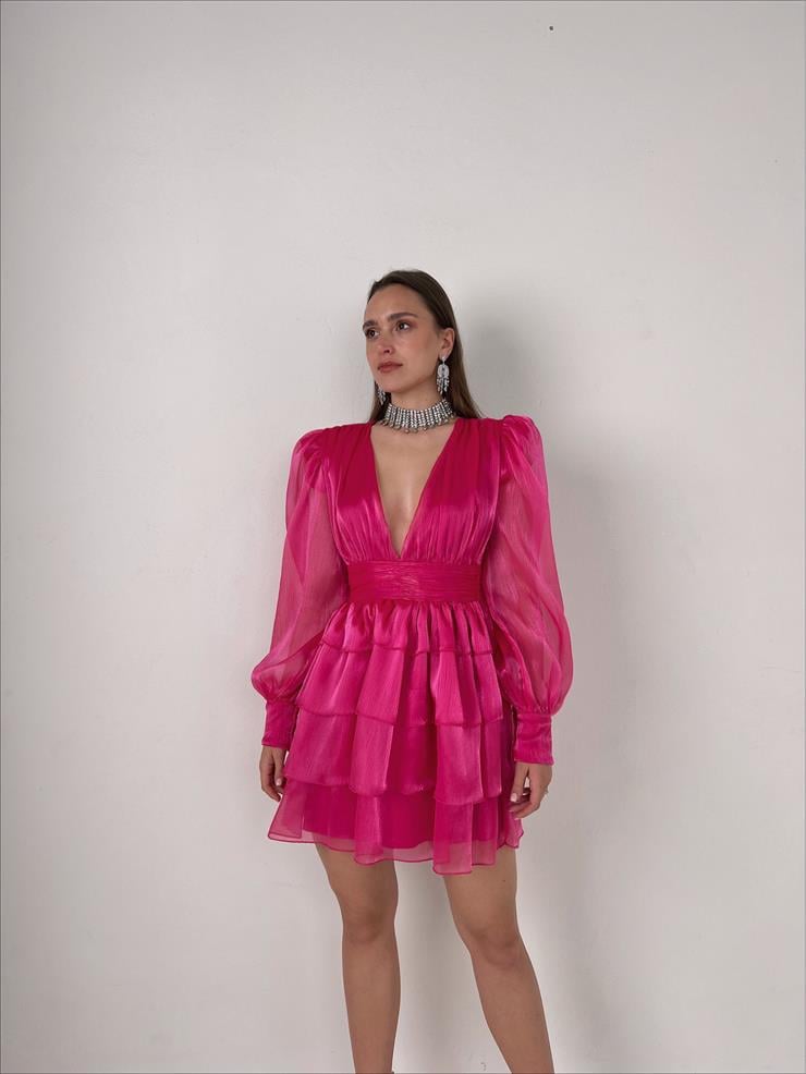 Derin V Yaka Belden Oturtmalı Tül Kol Crown Kadın Pembe Fırfırlı Elbise 23K000314