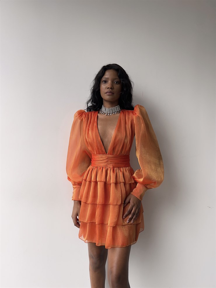 Derin V Yaka Belden Oturtmalı Tül Kol Crown Kadın Turuncu Fırfırlı Elbise 23K000314