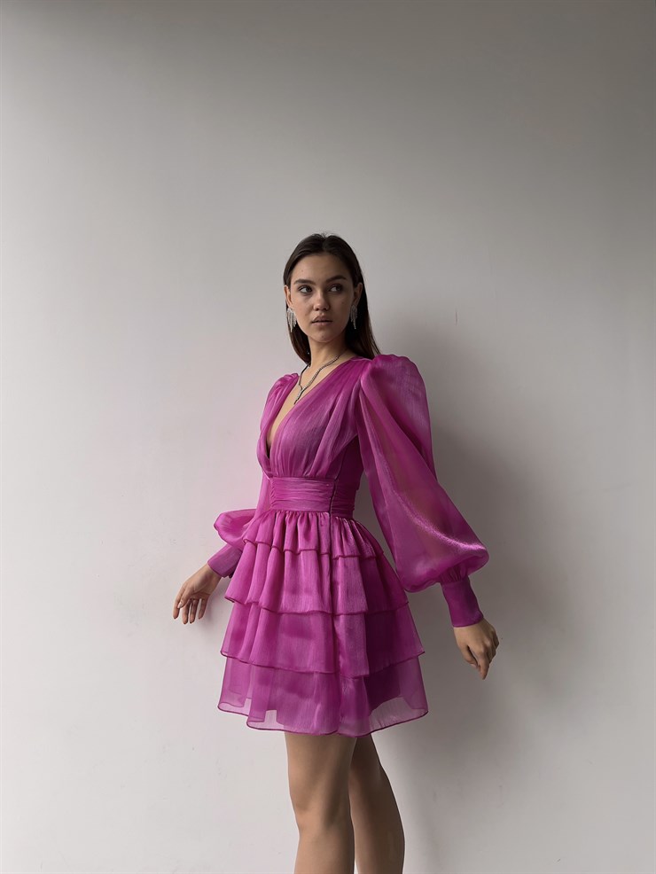 Derin V Yaka Belden Oturtmalı Tül Kol Crown Kadın Fuşya Fırfırlı Elbise 23K000314