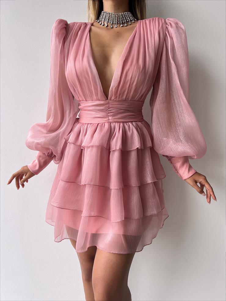 Derin V Yaka Belden Oturtmalı Tül Kol Crown Kadın Pudra Fırfırlı Elbise 23K000314