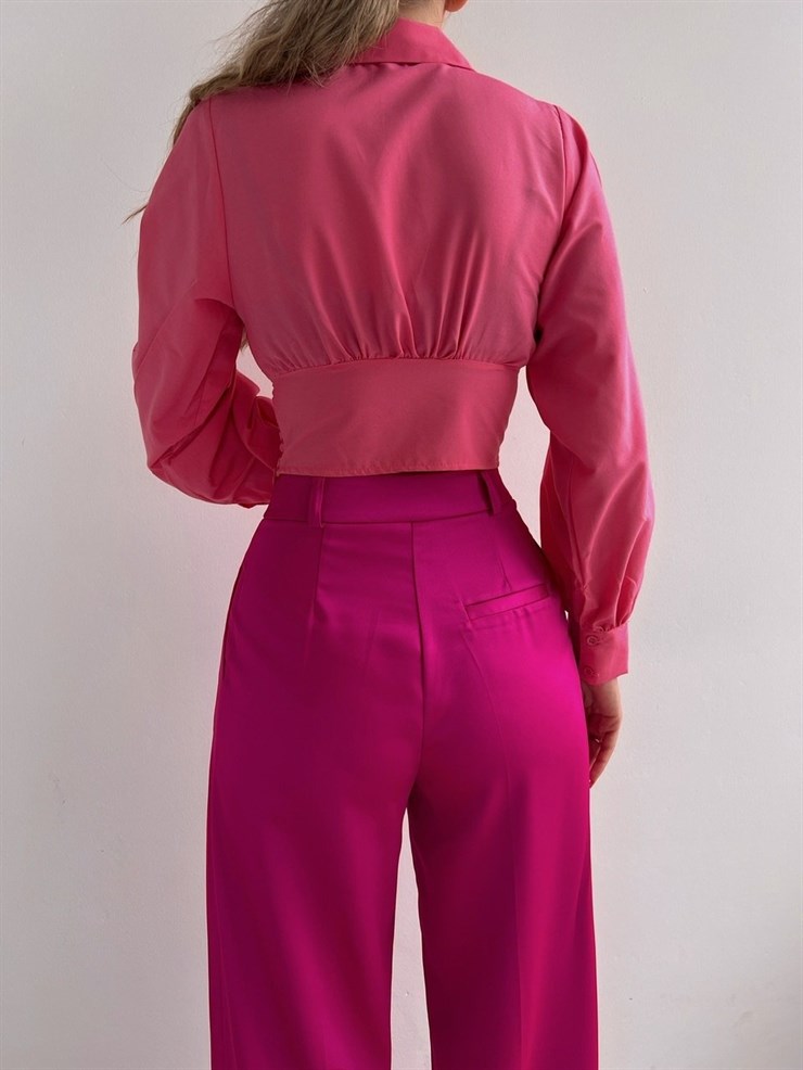 Derin V Yaka Önü Büzgülü Pamuk Kadın Pembe Gömlek 22K000497