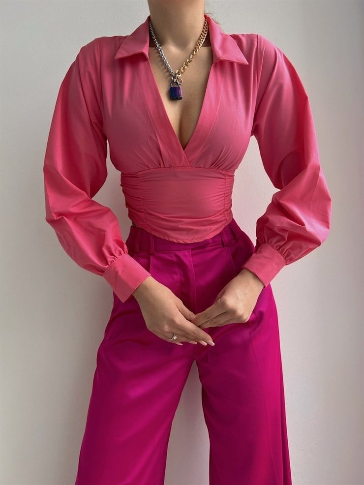 Derin V Yaka Önü Büzgülü Pamuk Kadın Pembe Gömlek 22K000497