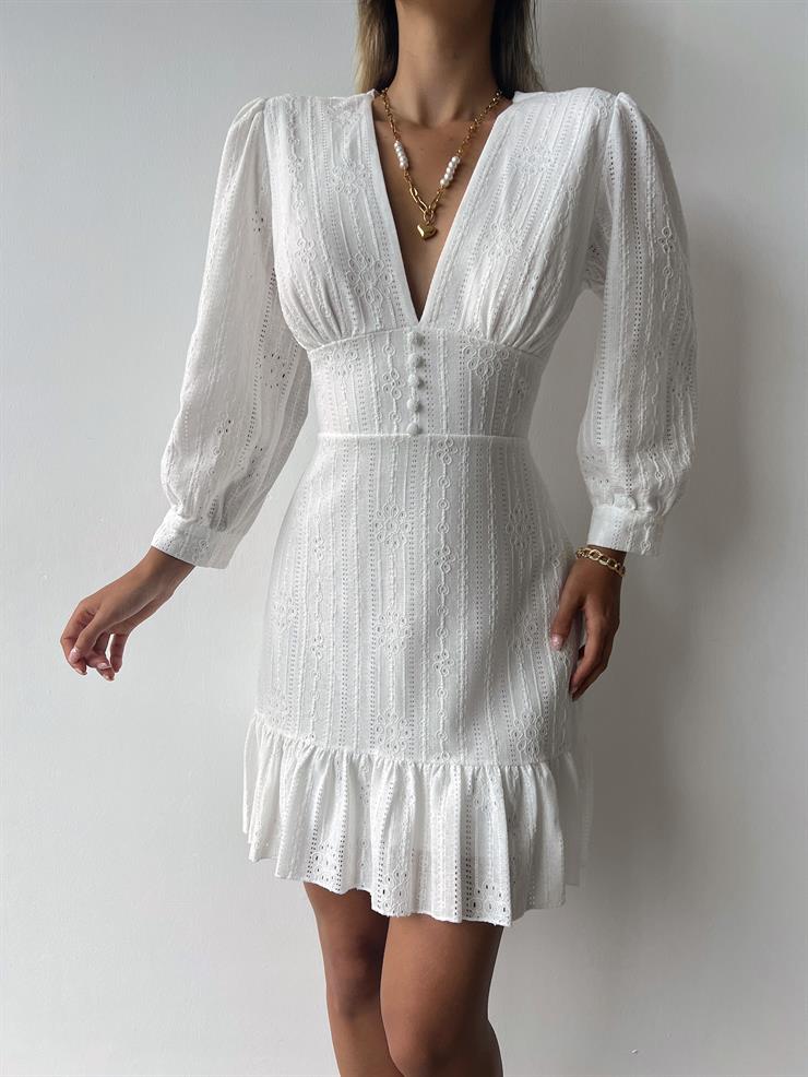 Derin V Yaka Önü Düğmeli Yarım Kol Prinse Kadın Ekru Mini Elbise 23Y000134