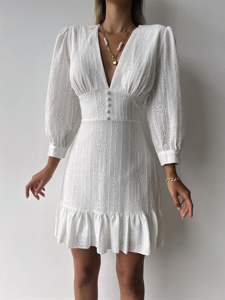 Derin V Yaka Önü Düğmeli Yarım Kol Prinse Kadın Ekru Mini Elbise 23Y000134