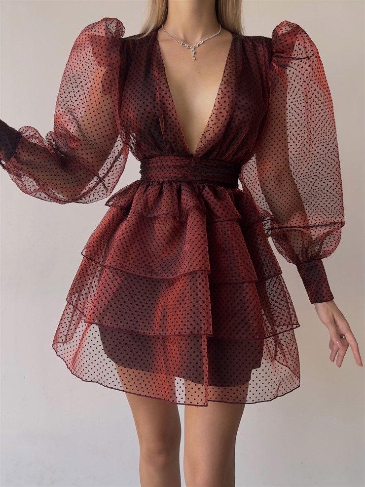 Derin V yaka Uzun Balon Kol Puantiyeli Galena Kadın Bordo Tül Elbise 23K000079