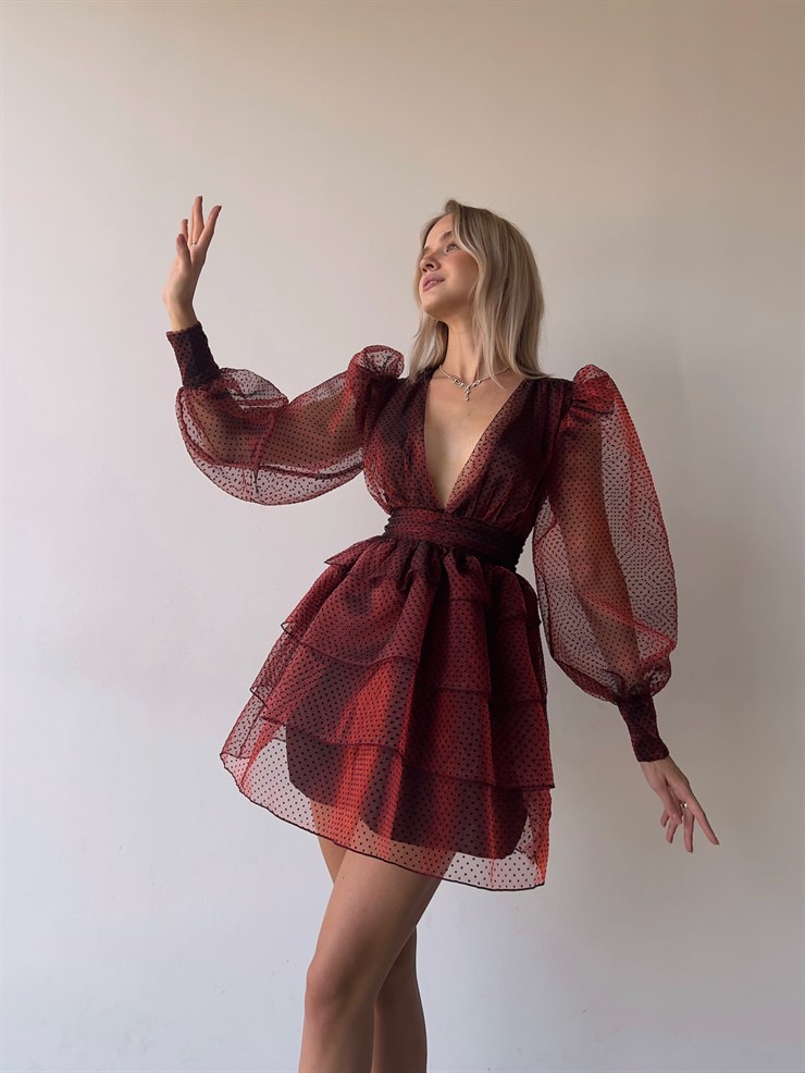 Derin V yaka Uzun Balon Kol Puantiyeli Galena Kadın Bordo Tül Elbise 23K000079