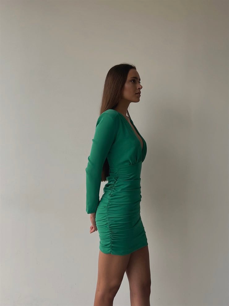 Derin V Yaka Uzun Kol Drapeli Aroline Kadın Yeşil Mini Elbise 23K000042