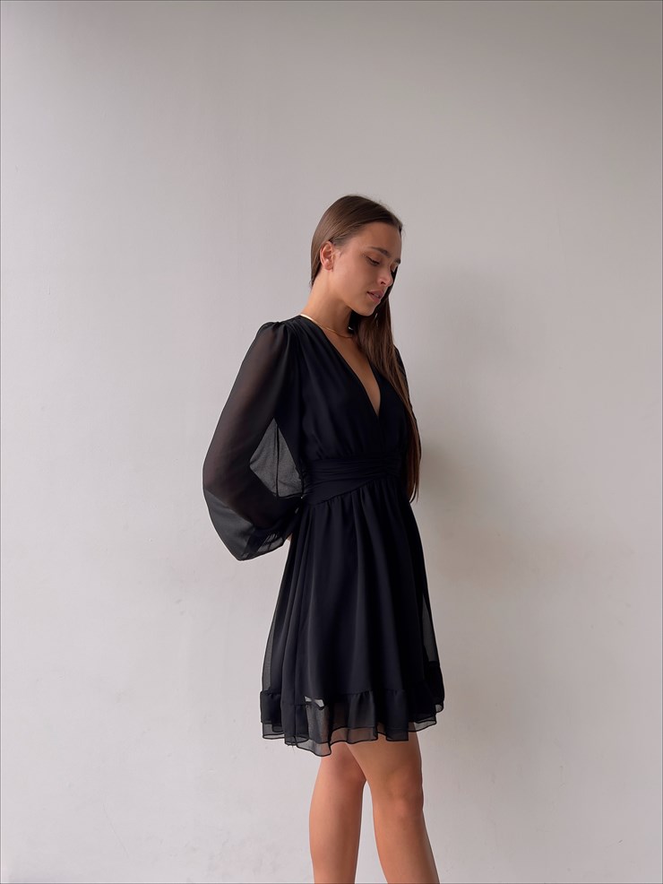 Derin V Yaka Uzun Tül Kol Eteği Fırfırlı Zia Kadın Siyah Mini Elbise 23K000111