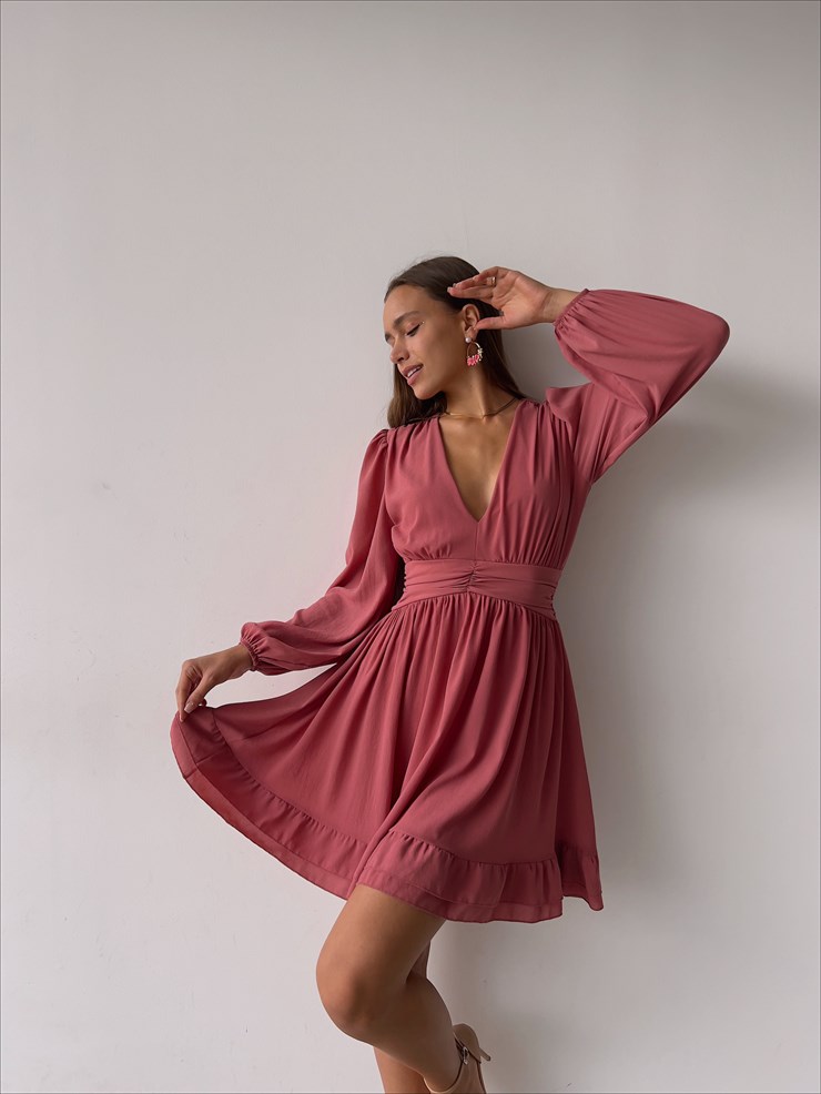 Derin V Yaka Uzun Tül Kol Eteği Fırfırlı Zia Kadın Gül Kurusu Mini Elbise 23K000111