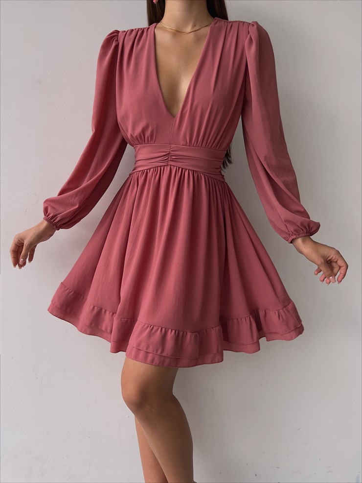 Derin V Yaka Uzun Tül Kol Eteği Fırfırlı Zia Kadın Gül Kurusu Mini Elbise 23K000111