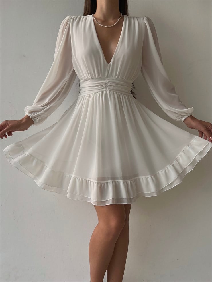 Derin V Yaka Uzun Tül Kol Eteği Fırfırlı Zia Kadın Beyaz Mini Elbise 23K000111