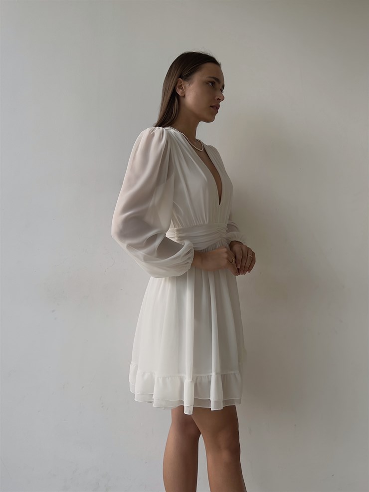 Derin V Yaka Uzun Tül Kol Eteği Fırfırlı Zia Kadın Beyaz Mini Elbise 23K000111