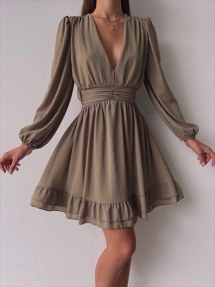 Derin V Yaka Uzun Tül Kol Eteği Fırfırlı Zia Kadın Haki Mini Elbise 23K000111