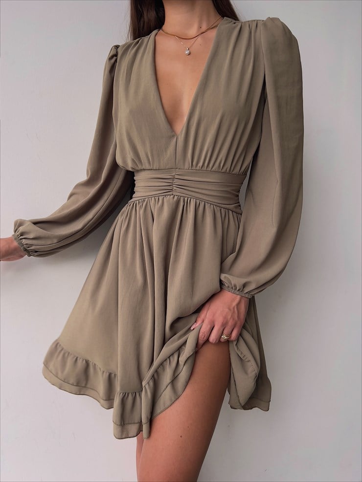 Derin V Yaka Uzun Tül Kol Eteği Fırfırlı Zia Kadın Haki Mini Elbise 23K000111