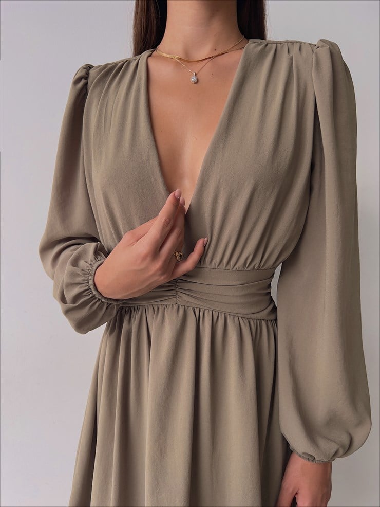 Derin V Yaka Uzun Tül Kol Eteği Fırfırlı Zia Kadın Haki Mini Elbise 23K000111
