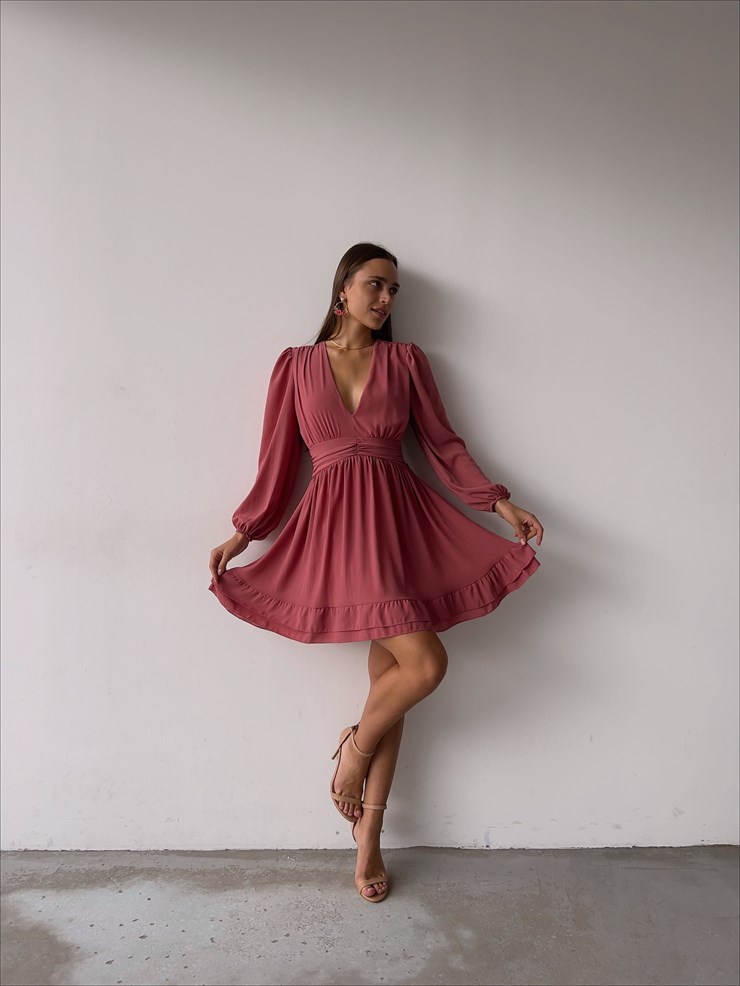 Derin V Yaka Uzun Tül Kol Eteği Fırfırlı Zia Kadın Gül Kurusu Mini Elbise 23K000111