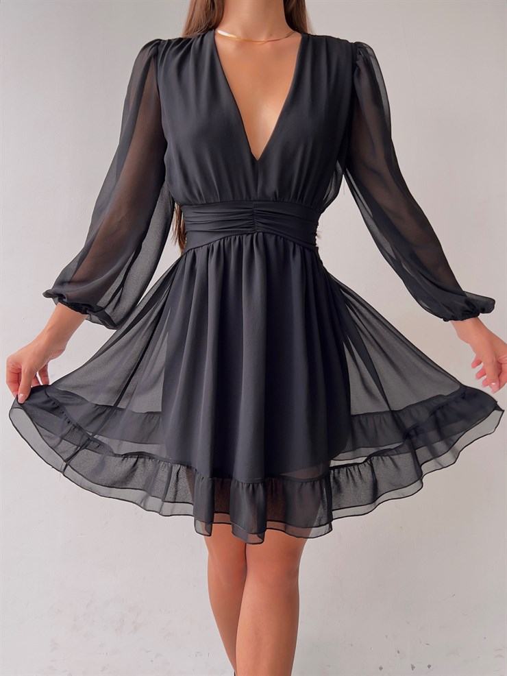 Derin V Yaka Uzun Tül Kol Eteği Fırfırlı Zia Kadın Siyah Mini Elbise 23K000111