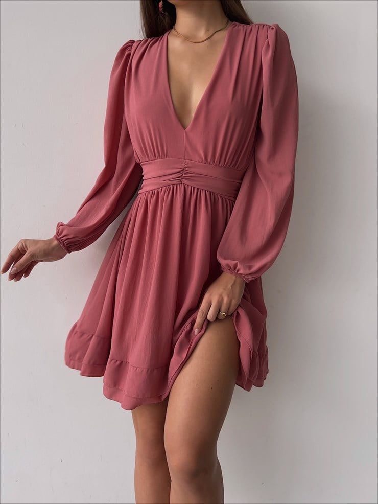 Derin V Yaka Uzun Tül Kol Eteği Fırfırlı Zia Kadın Gül Kurusu Mini Elbise 23K000111