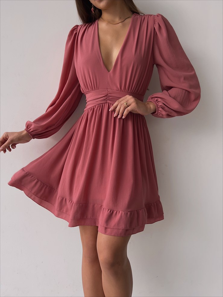 Derin V Yaka Uzun Tül Kol Eteği Fırfırlı Zia Kadın Gül Kurusu Mini Elbise 23K000111