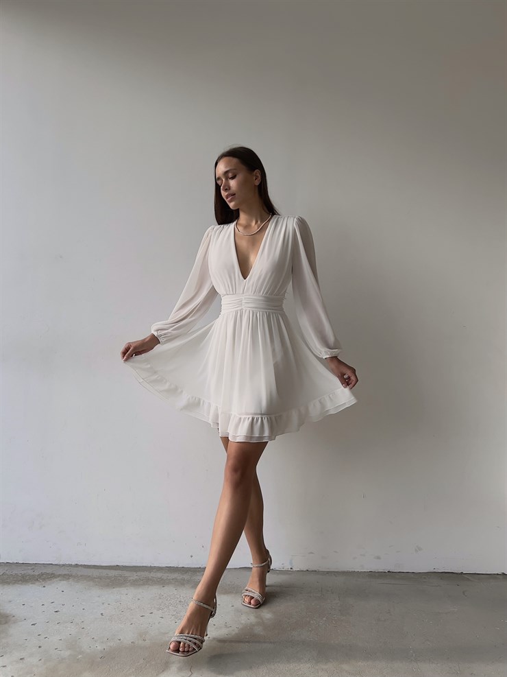 Derin V Yaka Uzun Tül Kol Eteği Fırfırlı Zia Kadın Beyaz Mini Elbise 23K000111