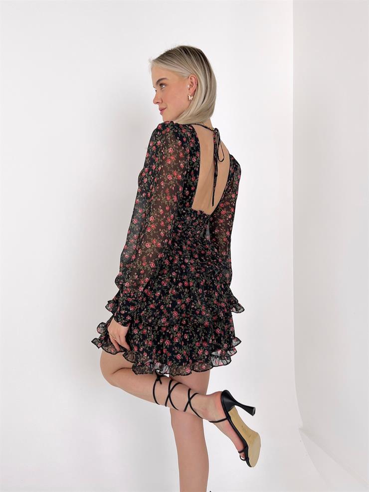 Derin V Yaka Uzun Tül Kol Sırt Dekolteli Cassie Kadın Siyah Çiçekli Mini Elbise 23Y000088