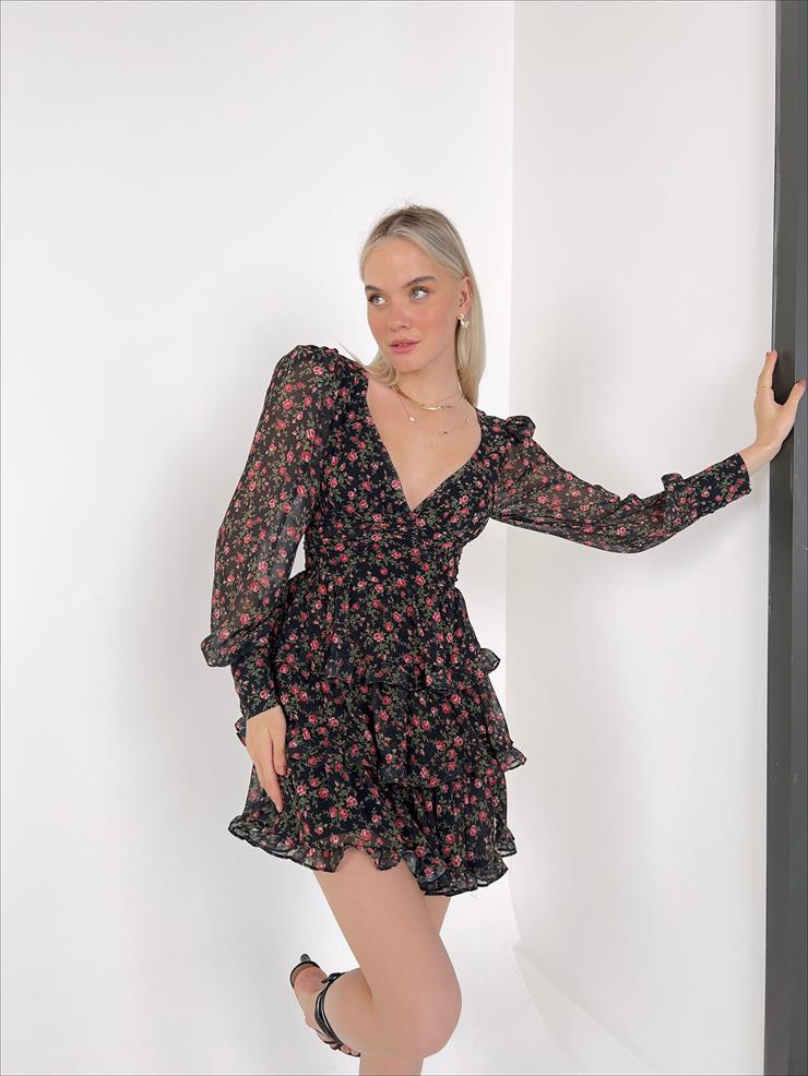 Derin V Yaka Uzun Tül Kol Sırt Dekolteli Cassie Kadın Siyah Çiçekli Mini Elbise 23Y000088