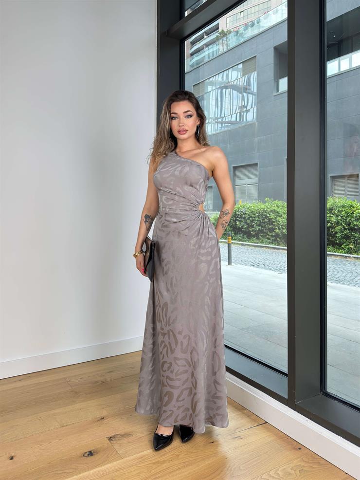 Tek Omuz Askılı Beli Pencere Detaylı Derlon Gri Kadın Elbise 25Y414