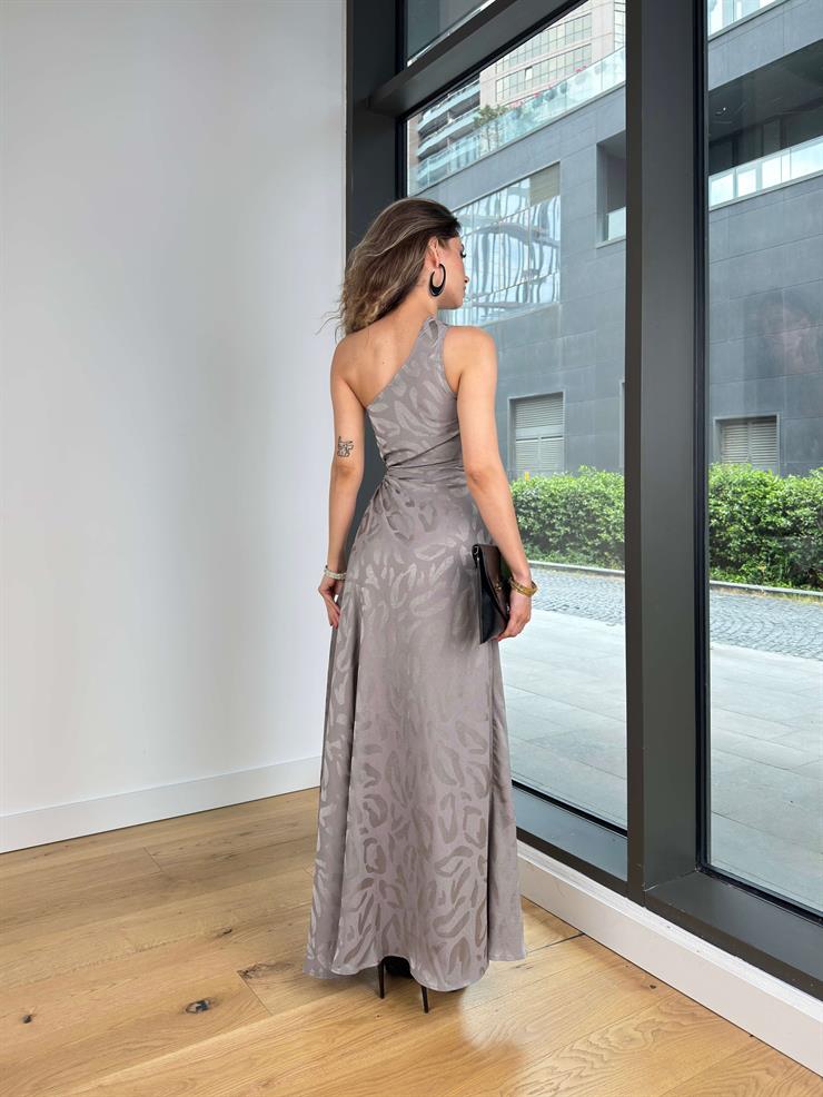 Tek Omuz Askılı Beli Pencere Detaylı Derlon Gri Kadın Elbise 25Y414