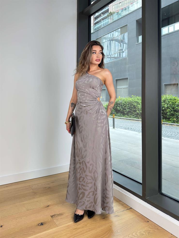 Tek Omuz Askılı Beli Pencere Detaylı Derlon Gri Kadın Elbise 25Y414