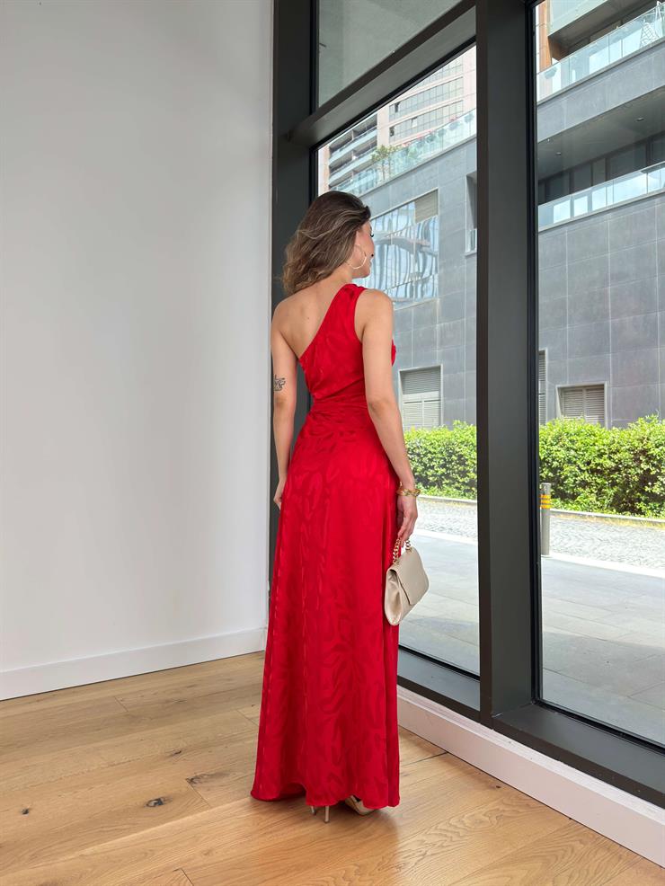 Tek Omuz Askılı Beli Pencere Detaylı Derlon Kırmızı Kadın Elbise 25Y414