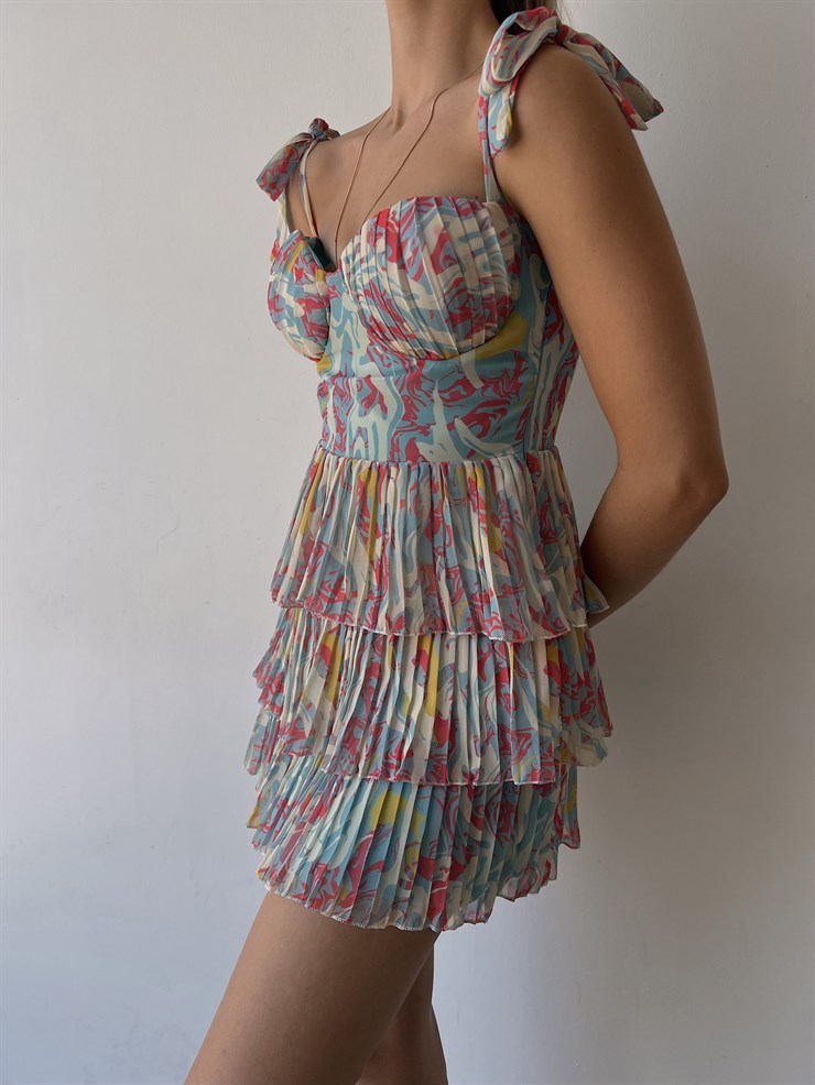 Desenli Ayarlanabilir Askılı Pileli Ve Fırfırlı Nanni Kadın Fuşya Elbise 22Y000487