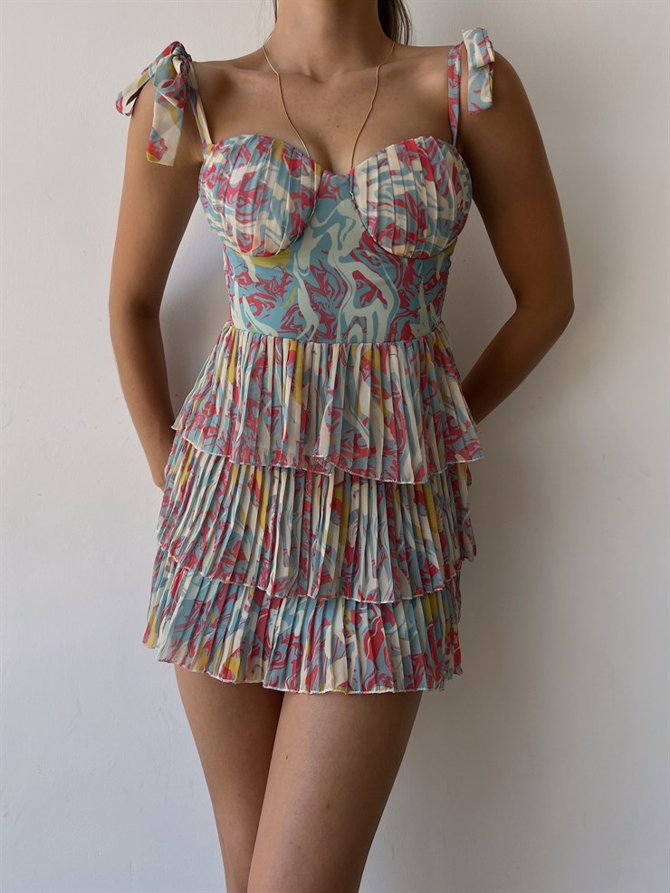 Desenli Ayarlanabilir Askılı Pileli Ve Fırfırlı Nanni Kadın Fuşya Elbise 22Y000487