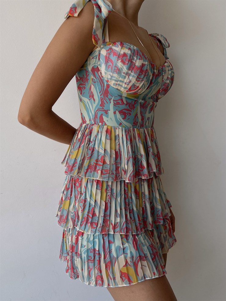 Desenli Ayarlanabilir Askılı Pileli Ve Fırfırlı Nanni Kadın Fuşya Elbise 22Y000487