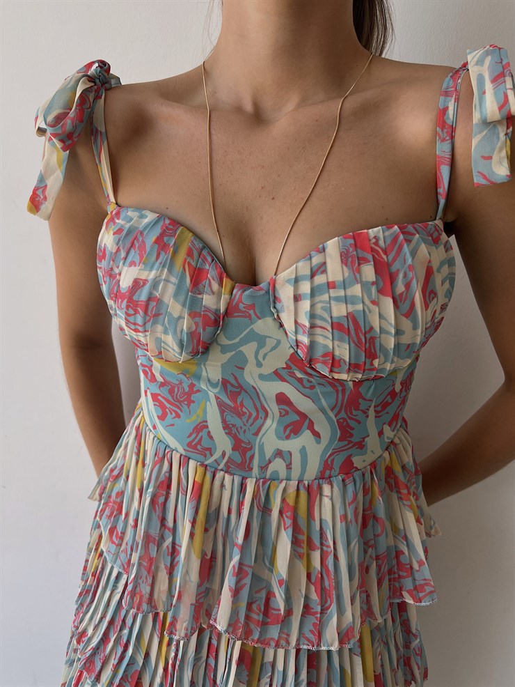 Desenli Ayarlanabilir Askılı Pileli Ve Fırfırlı Nanni Kadın Fuşya Elbise 22Y000487