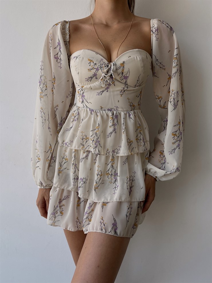 Desenli Ayarlanabilir Lastik Omuz Fırfırlı Kalp Yaka Ginata Kadın Taş Renk Elbise 22Y000488