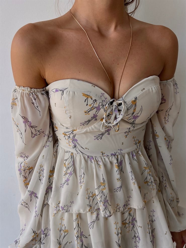 Desenli Ayarlanabilir Lastik Omuz Fırfırlı Kalp Yaka Ginata Kadın Taş Renk Elbise 22Y000488