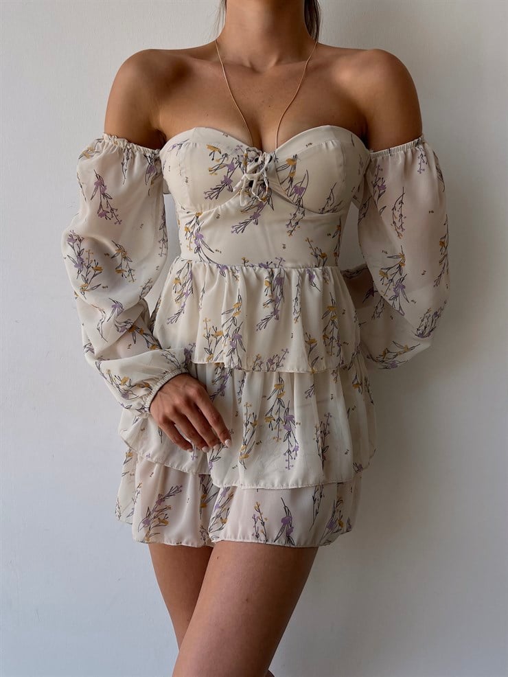 Desenli Ayarlanabilir Lastik Omuz Fırfırlı Kalp Yaka Ginata Kadın Taş Renk Elbise 22Y000488