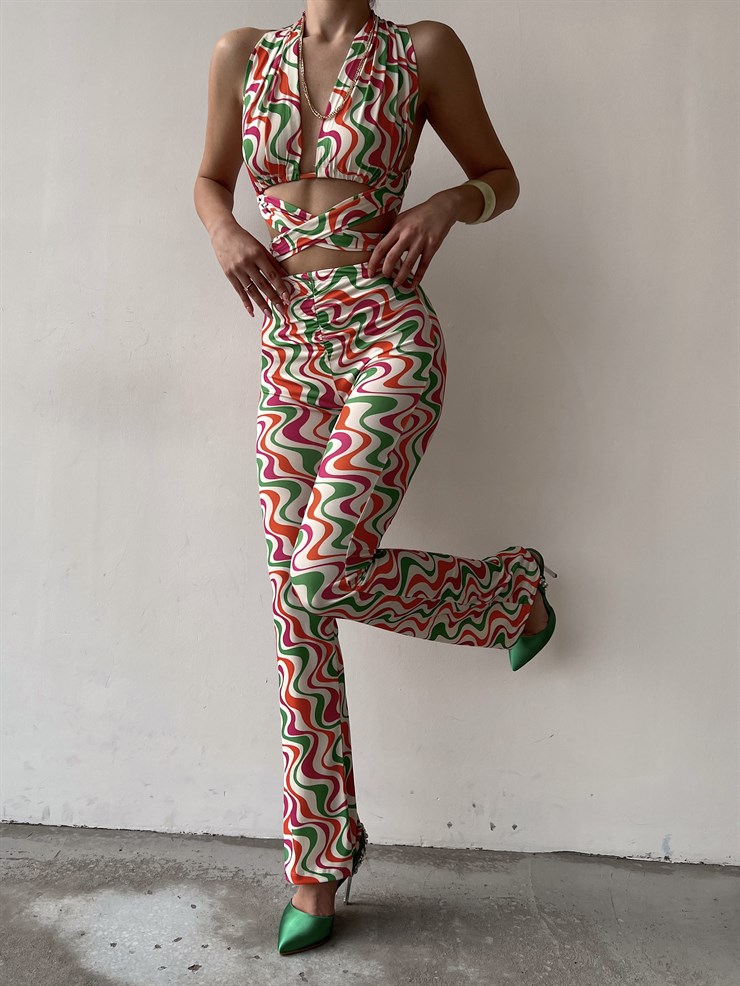 Desenli Bağcıklı Crop Büzgülü Bel Alt Hadley Kadın Beyaz İkili Takım 22Y000081