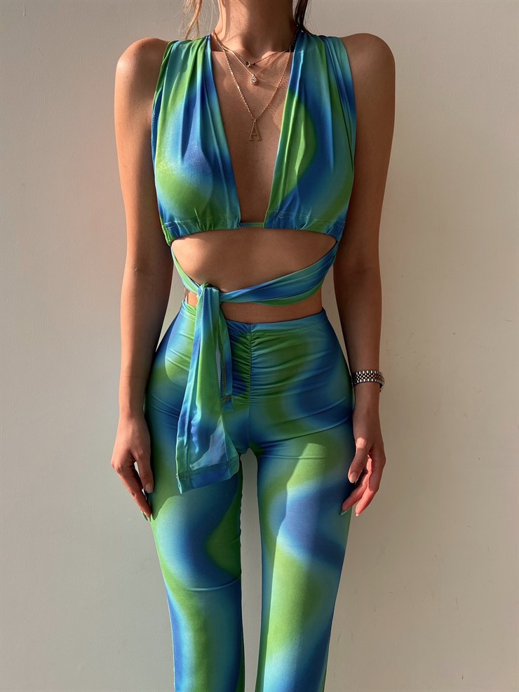 Desenli Bağcıklı Crop Büzgülü Bel Alt Hadley Kadın Renkli İkili Takım 22Y000081