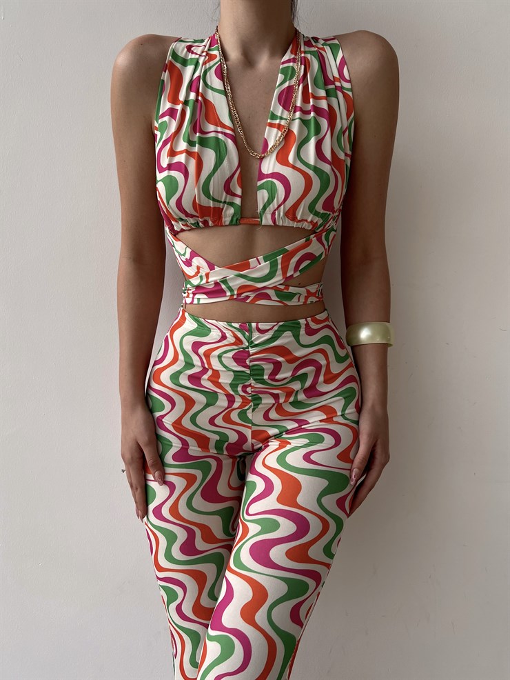 Desenli Bağcıklı Crop Büzgülü Bel Alt Hadley Kadın Beyaz İkili Takım 22Y000081