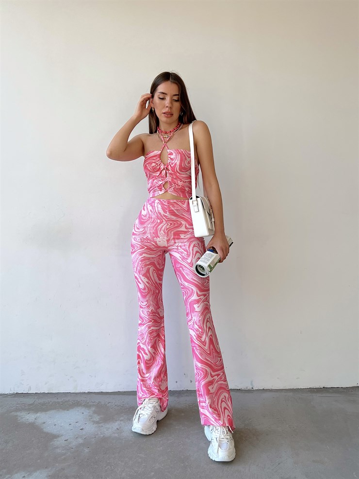 Desenli Çapraz Bağcıklı Crop Büzgülü Bel Alt Likralı Rue Kadın Pembe İkili Takım 22Y000270