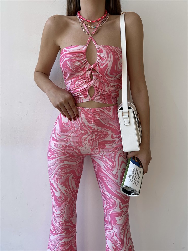 Desenli Çapraz Bağcıklı Crop Büzgülü Bel Alt Likralı Rue Kadın Pembe İkili Takım 22Y000270