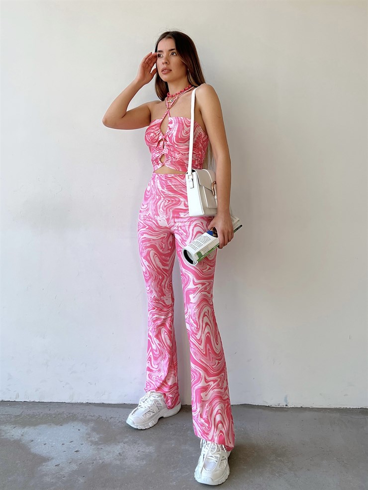 Desenli Çapraz Bağcıklı Crop Büzgülü Bel Alt Likralı Rue Kadın Pembe İkili Takım 22Y000270