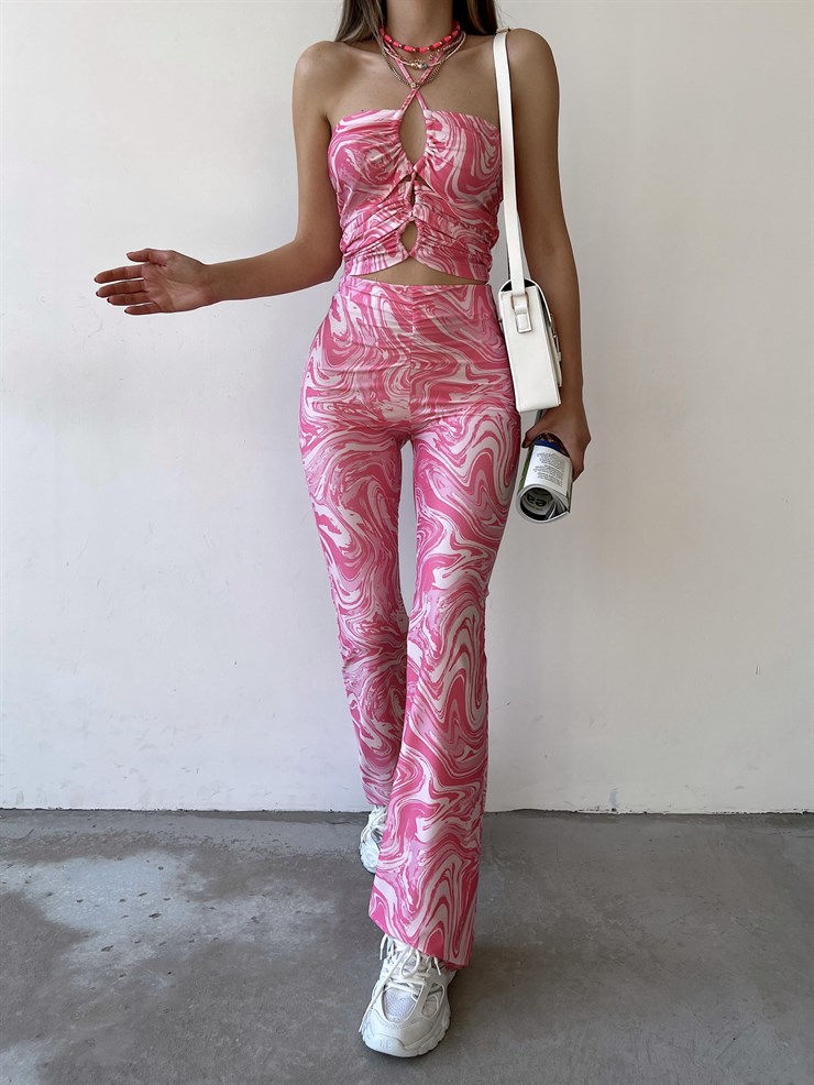 Desenli Çapraz Bağcıklı Crop Büzgülü Bel Alt Likralı Rue Kadın Pembe İkili Takım 22Y000270