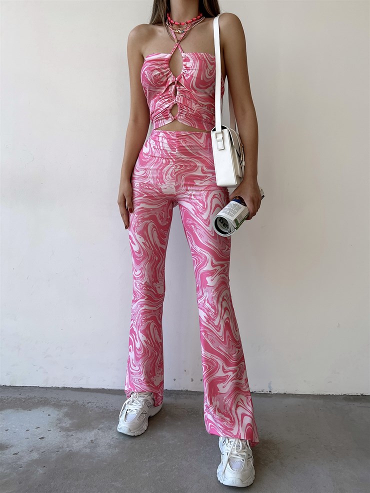 Desenli Çapraz Bağcıklı Crop Büzgülü Bel Alt Likralı Rue Kadın Pembe İkili Takım 22Y000270