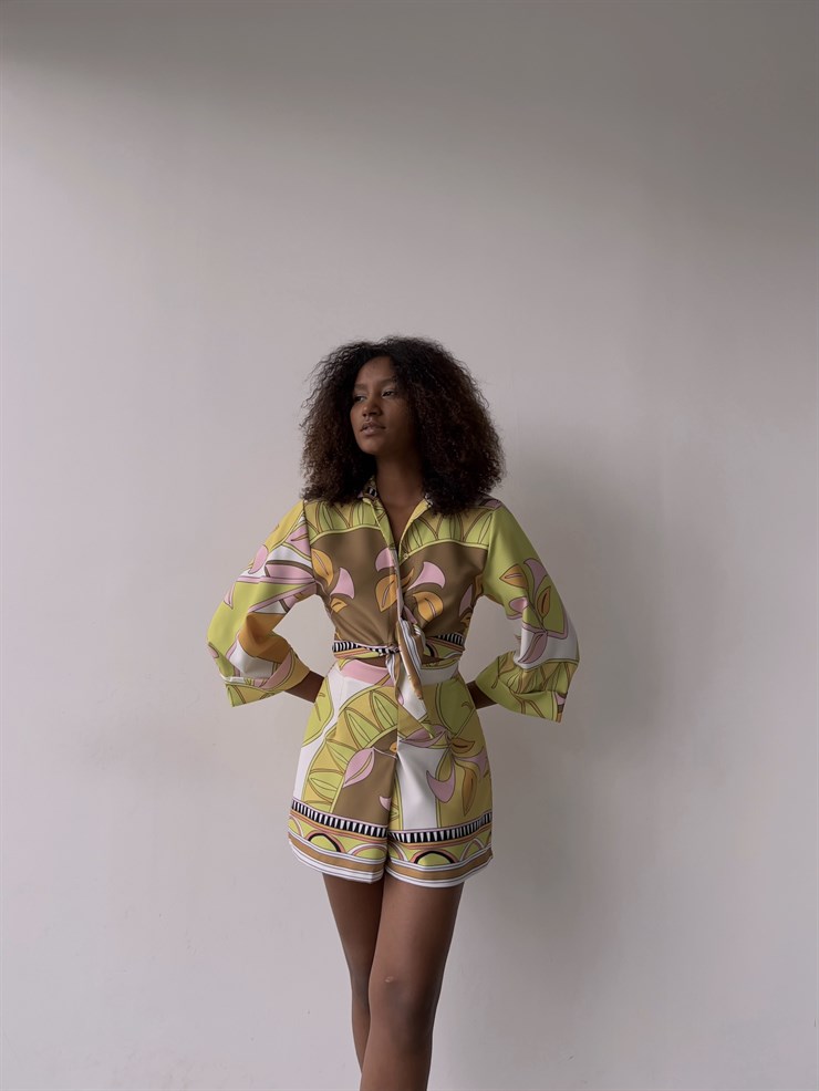 Desenli Duble Kol Bağlamalı Gömlek Pileli Şort Brittin Kadın Sarı İkili Takım 22K000637