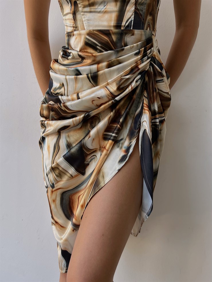 Desenli İnce Askı Drapeli Yandan Yırtmaçlı Ginevra Kadın Renkli Elbise 22Y000491