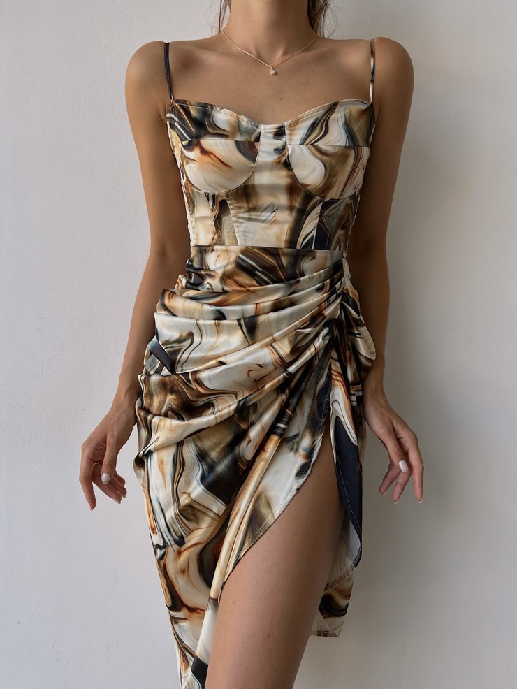 Desenli İnce Askı Drapeli Yandan Yırtmaçlı Ginevra Kadın Renkli Elbise 22Y000491